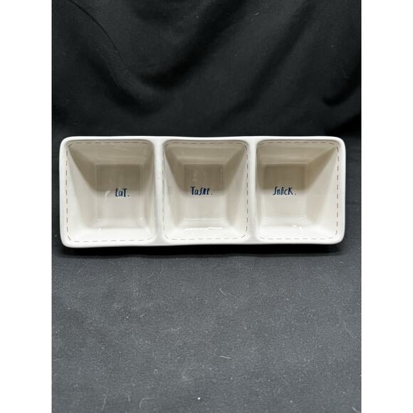 Rae Dunn Other - Rae Dunn Eat/Taste/Snack Triple Divided Serving Dish Red Stitch White Blue July4